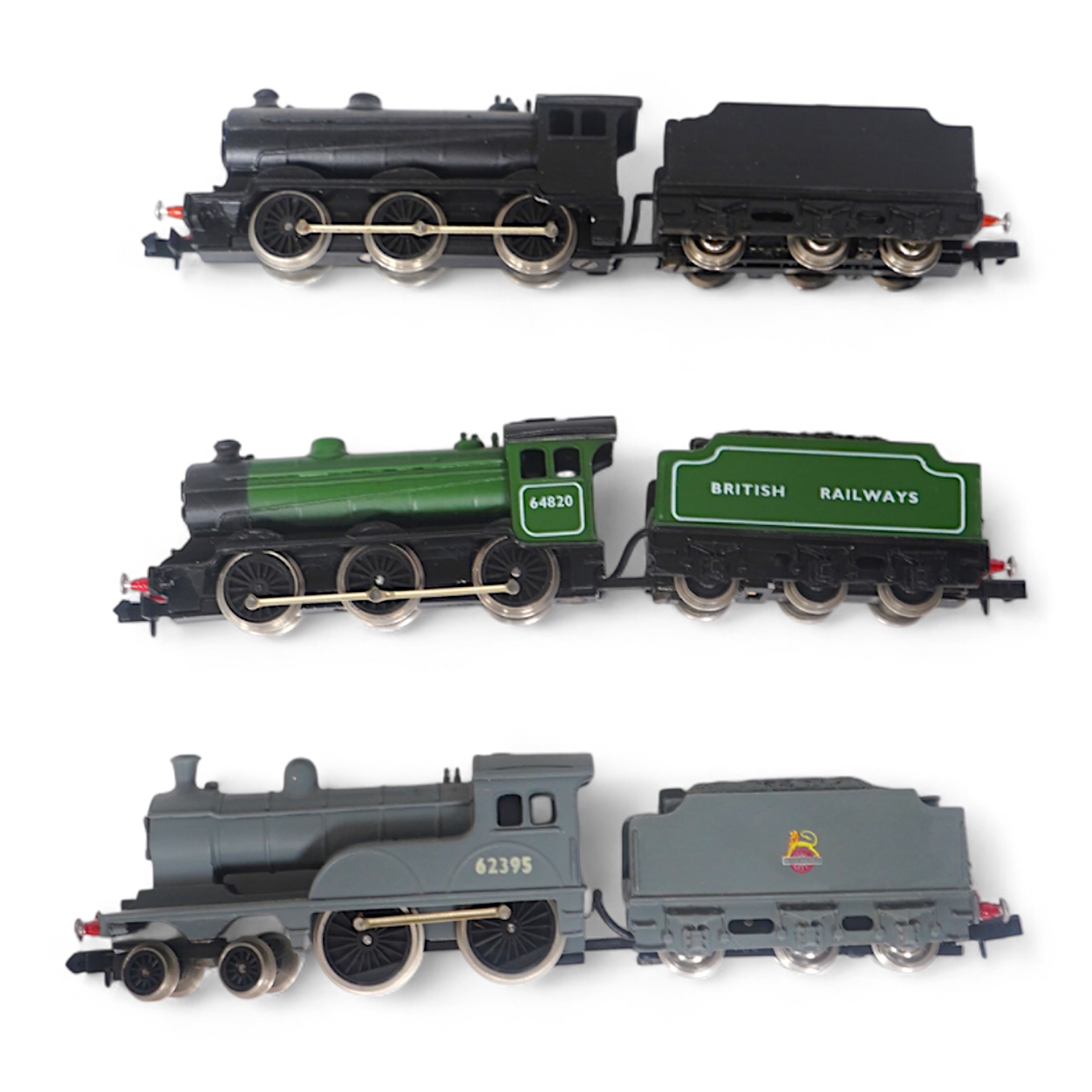 Three boxed Union Mills Models N gauge railway BR locomotives; a Class J39, 64820, a Class J39, unnumbered, and a Class D20 in ‘works grey’ livery, 62395. Condition - good.